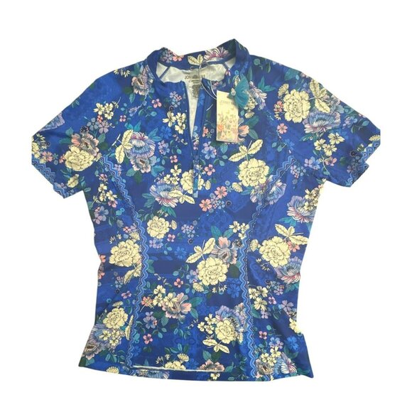 Johnny Was XL Blue Dove Surf Shirt Floral Swim Rash Guard Short Sleeve $178 NWT